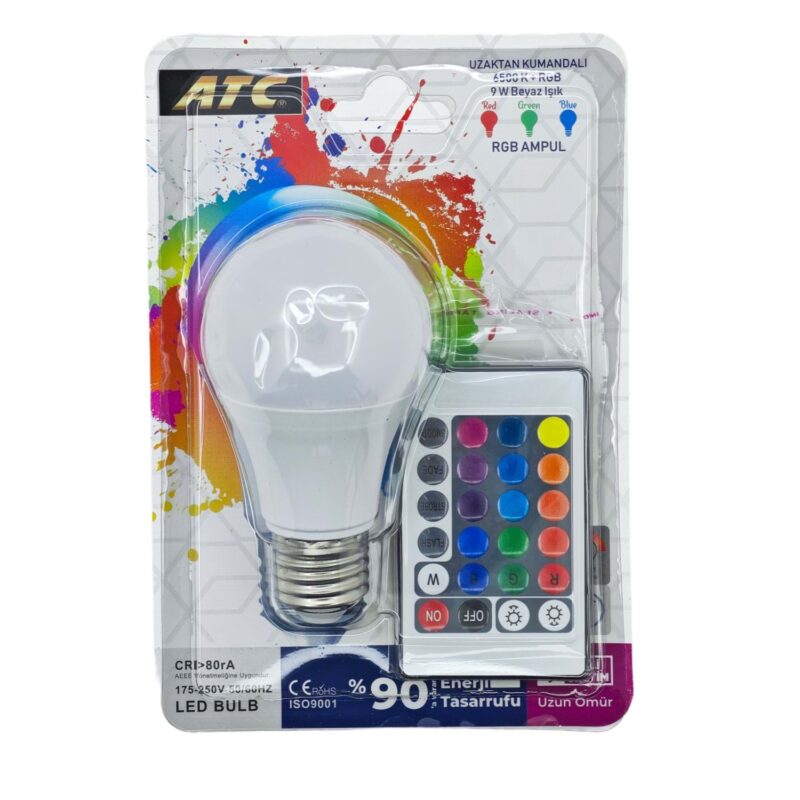 ATC E27-9W Kumandalı Kırmızı Yeşil Mavi Led Ampul